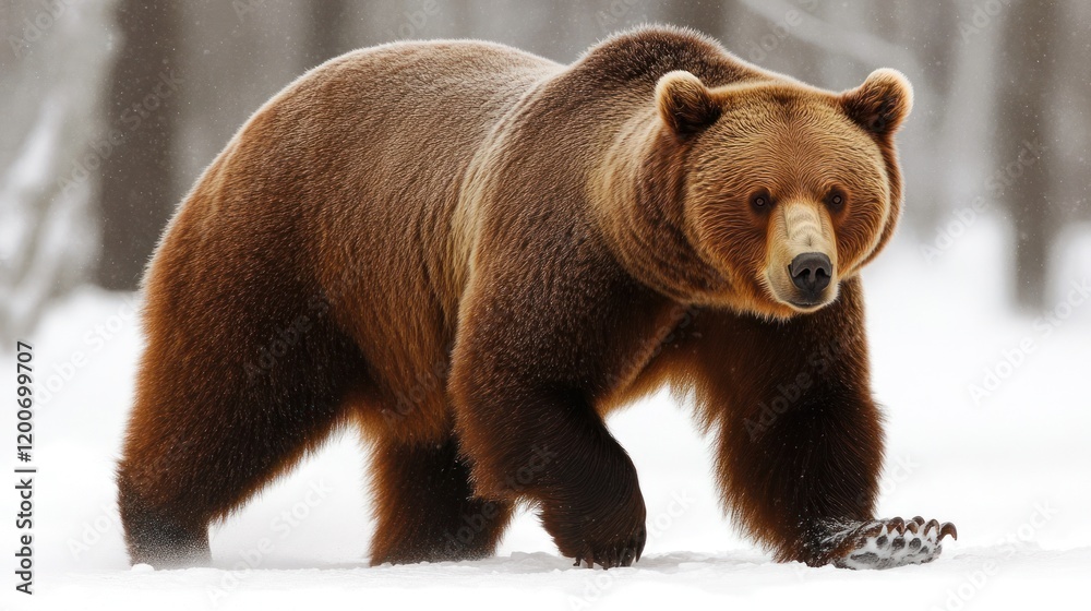 Obraz premium Majestic brown bear walking in snowy forest.