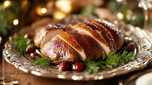 A beautifully roasted turkey breast on an ornate platter, garnished with herbs and berries. photo