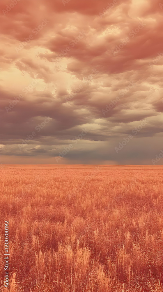 Vast Orange Grass Field Stretches Under Dramatic Cloudy Sky in Warm Tones