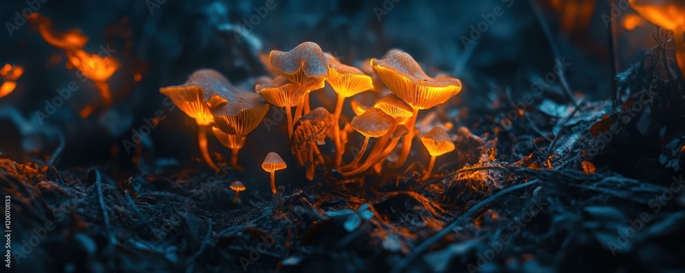 Glowing Fungi Cluster in Forest Afterglow Glowing Fungi Cluster in Forest Afterglow
