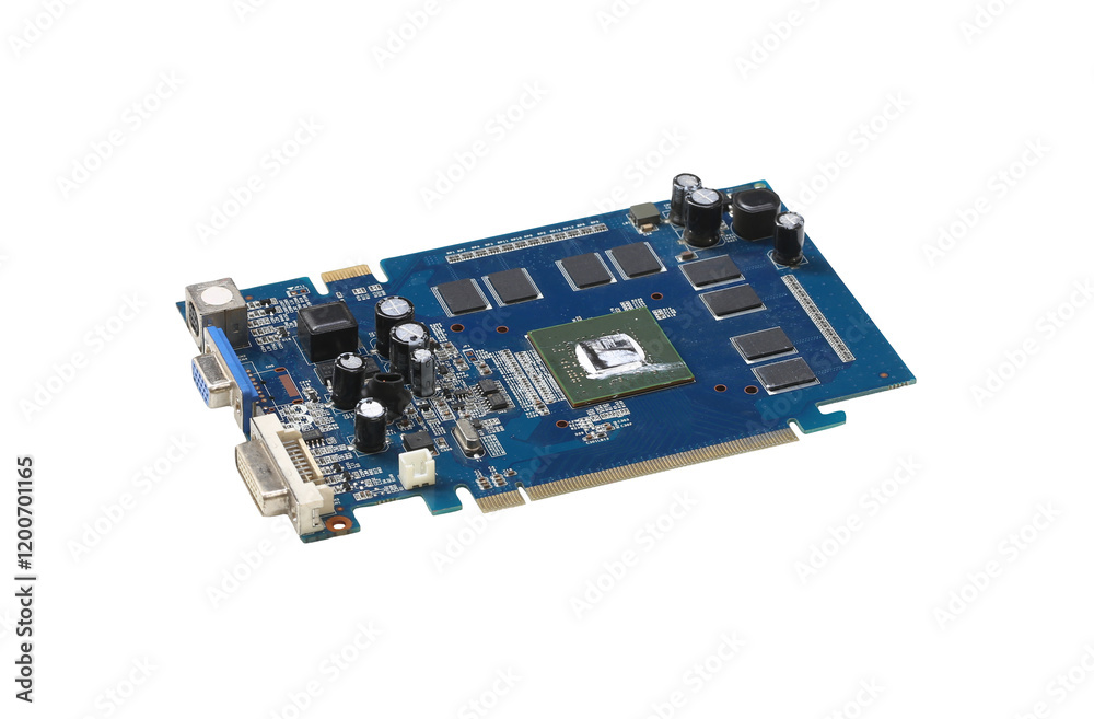 Detailed View of a Computer Graphics Card Featuring Circuitry, Capacitors, and Cooling Components. Detailed View of a Computer Graphics Card Featuring Circuitry, Capacitors, and Cooling Components.