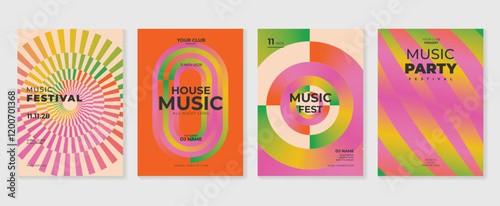 Summer music poster design background vector set. Electro Sound Cover template with vibrant abstract gradient geometric shape, line wave. Design for social media, party, music festival.