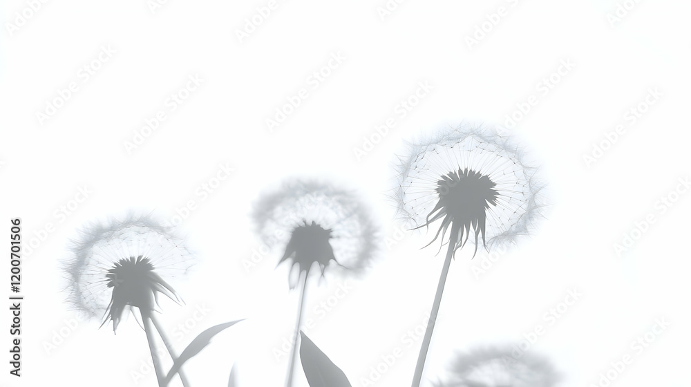Fototapeta premium Dandelion Seed Heads Create Silhouettes Against Bright White Background