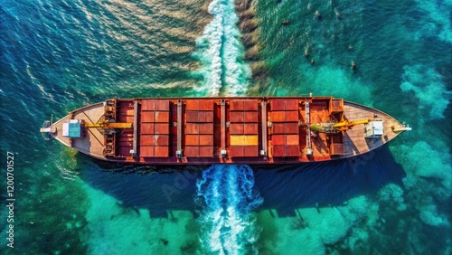 Aerial view: a large general cargo ship dominates the ocean, transporting freight. photo