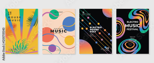 Summer music poster design background vector set. Electro Sound Cover template with vibrant abstract gradient geometric shape, line wave, tropical leaf. Design for social media, party, music festival.