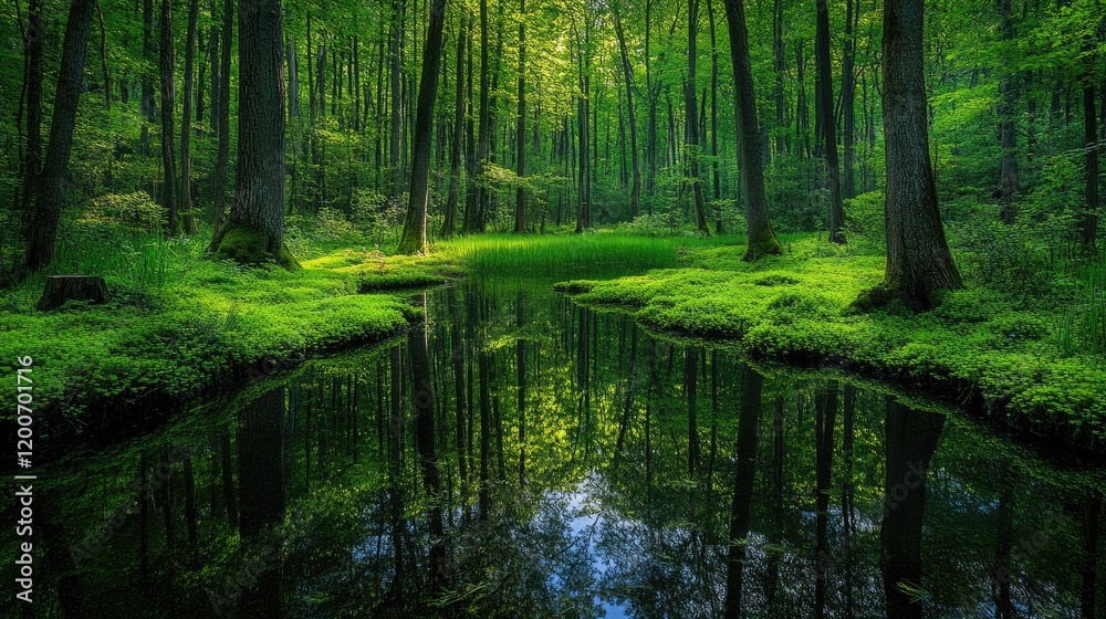 Sunlit Forest Pond Reflection, Lush Green Canopy, Tranquil Nature Scene, Wallpaper Sunlit Forest Pond Reflection, Lush Green Canopy, Tranquil Nature Scene, Wallpaper