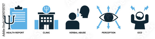 Psychology Icon Vector Set, Featuring Mental Health Report, Clinic Symbol, Verbal Abuse Representation, Perception Concept, and OCD Illustration. Perfect for Mental Health Awareness Designs.