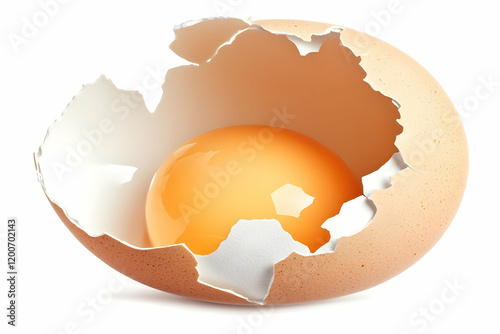 Cracked Brown Eggshell Reveals a Vibrant Yolk, Isolated on a White Background photo