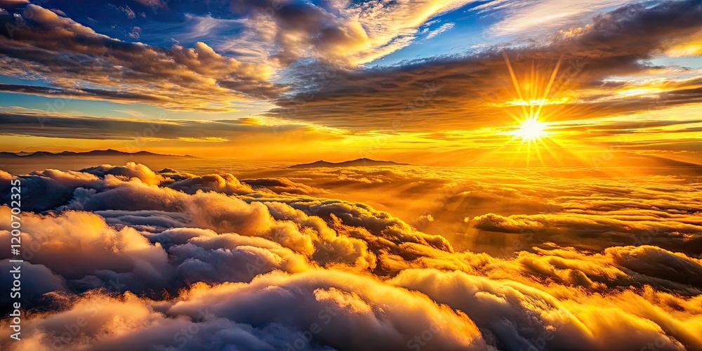 Fototapeta premium Golden Sunset Sky: Long Exposure View from High Altitude with Fluffy Clouds, Serene Atmosphere, Vibrant Colors, Nature's Beauty, Scenic Landscape, Majestic Horizon, Tranquil Escape