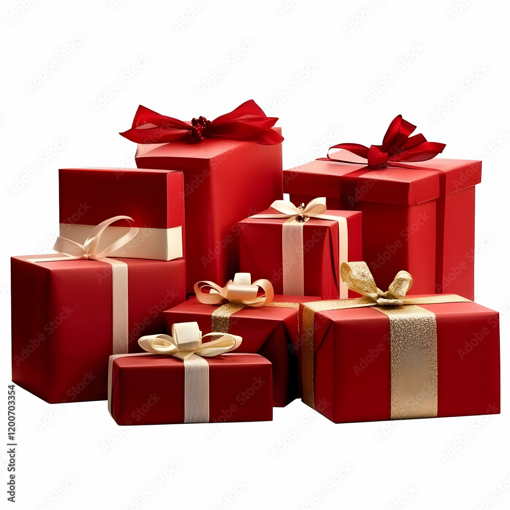 Obraz premium Red Gift Boxes Wrapped Beautifully with Gold and Cream Ribbons Stand Elegantly on White Background