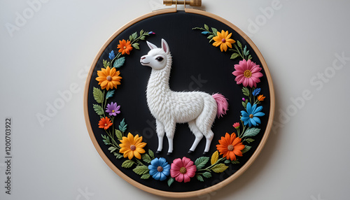 Beautiful Handcrafted Llama Embroidery with Colorful Floral Wreath on Black Fabric Canvas photo