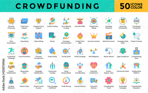 Crowdfunding icons set with payment processing, credit card support, cryptocurrency support, partial funding, all or nothing funding, early bird offer icon. Simple flat color vector 
