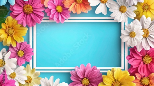 Floral Frame: Vibrant daisies surround a central turquoise rectangle creating a cheerful and inviting template, perfect for announcements, invitations, or decorative accents.