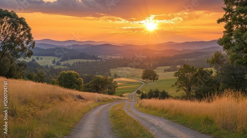 Serene Sunset Over Rolling Hills and Country Road photo