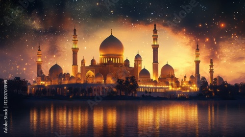 Wallpaper Mural A stunning twilight view of a grand mosque illuminated against a starry sky, reflecting in a serene body of water, creating a tranquil and spiritual atmosphere Torontodigital.ca