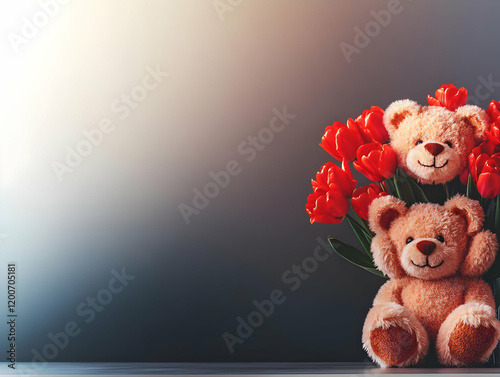 Two Teddy Bears Sit with Re...
