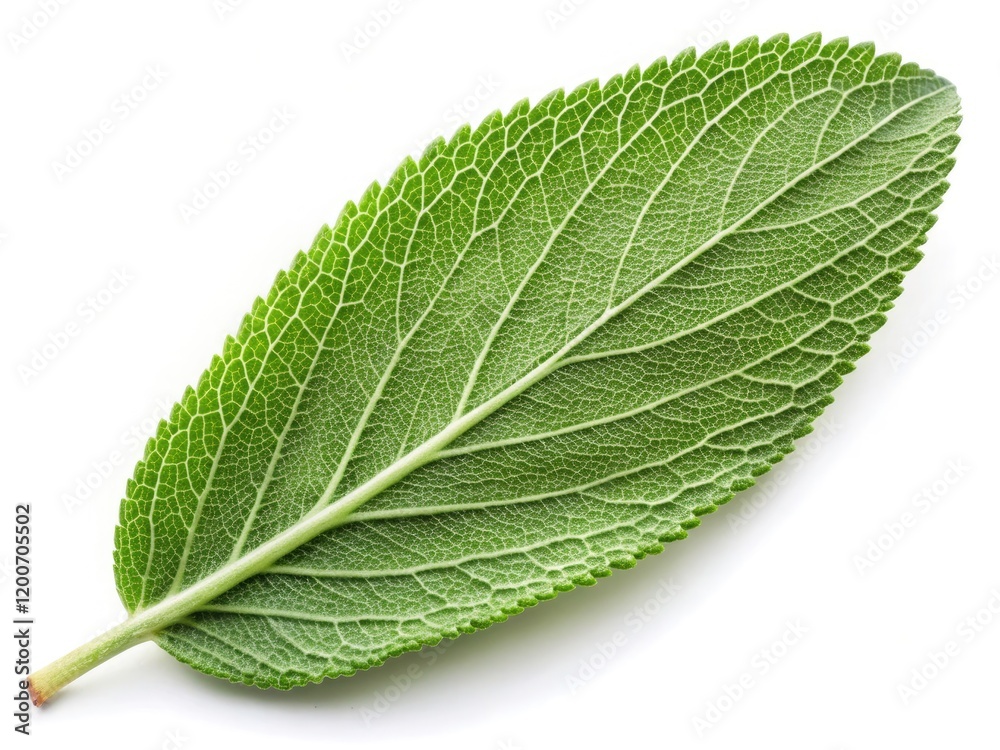 Obraz premium A single sage leaf, brilliantly green, stands out against a pure white backdrop. Ideal for culinary and botanical imagery.