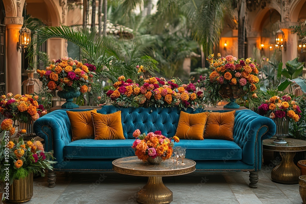Fototapeta premium Vibrant floral arrangement adorns a teal velvet sofa in a lush outdoor setting.