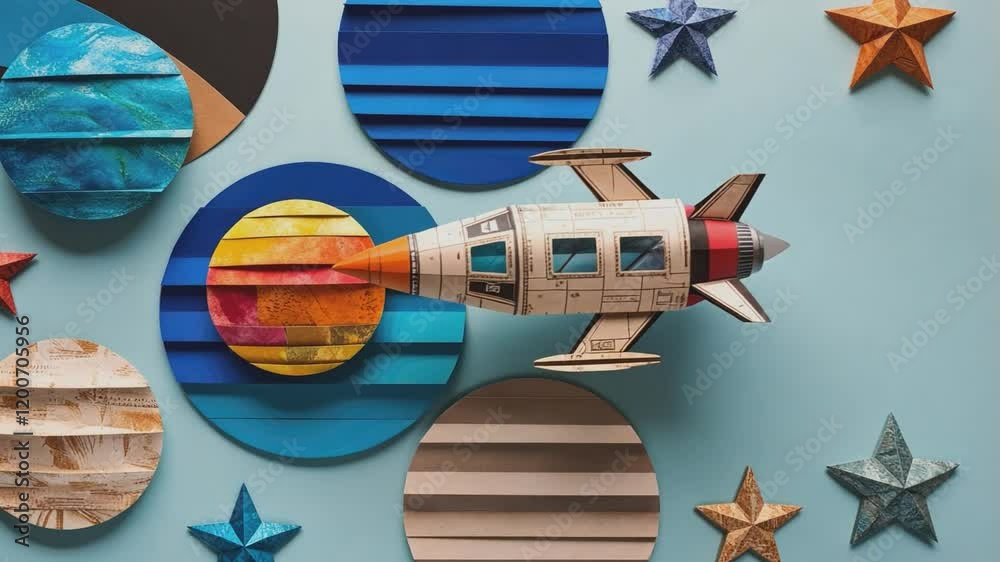 Paper Rocket Launch: A whimsical paper rocket soars towards a colorful constellation of paper planets and stars, symbolizing boundless imagination and the pursuit of dreams.  