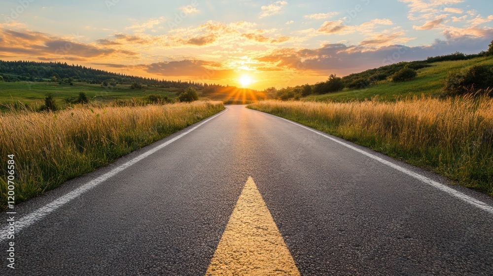 Naklejka premium Sunset Road: A Journey Towards Golden Horizons