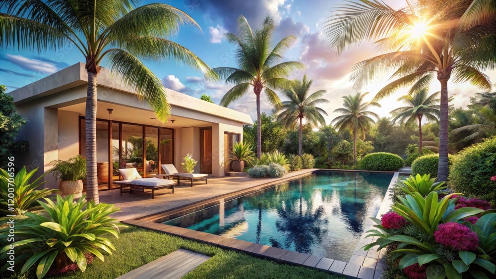 Fototapeta premium Luxury Villa with Private Pool Surrounded by Lush Palm Trees in Tropical Paradise - Exquisite Fashion Photography