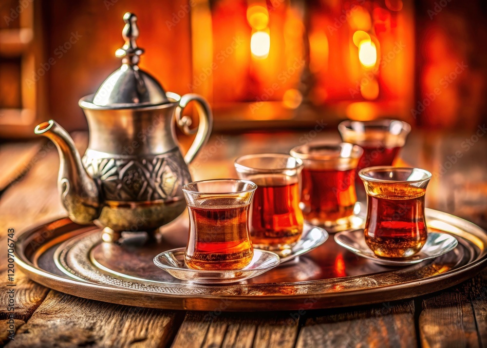 Fototapeta premium Authentic Turkish tea's cozy miniature world: a charming tilt-shift close-up of a traditional tea ceremony on a tray.