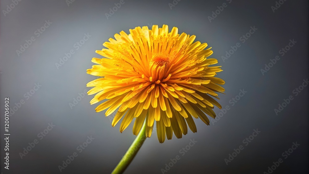 Naklejka premium Macro Photography of Yellow Dandelion Flower on Grey Background - Stunning Floral Close-Up, Nature Beauty, Vibrant Colors, Botanical Art, Unique Perspectives, Floral Design, Natural Textures