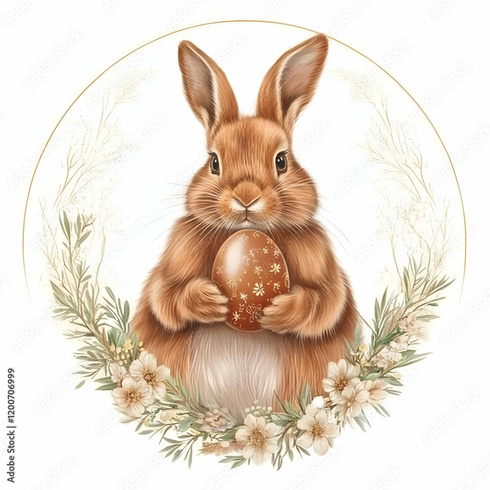 Obraz premium Adorable Bunny Holds Decorated Egg in Floral Wreath, an Easter Illustration