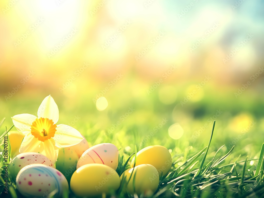 Easter Eggs and Daffodil Nestled in Green Grass with a Soft, Golden Sunset Glow in the Background Easter Eggs and Daffodil Nestled in Green Grass with a Soft, Golden Sunset Glow in the Background