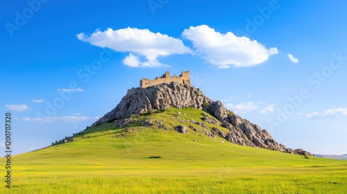 A castle atop a rocky hill surrounded by green fields and blue sky.