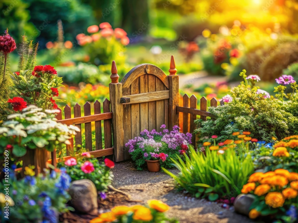 Obraz premium A whimsical fairy tale garden awaits; tilt-shift captures a charming miniature gate.