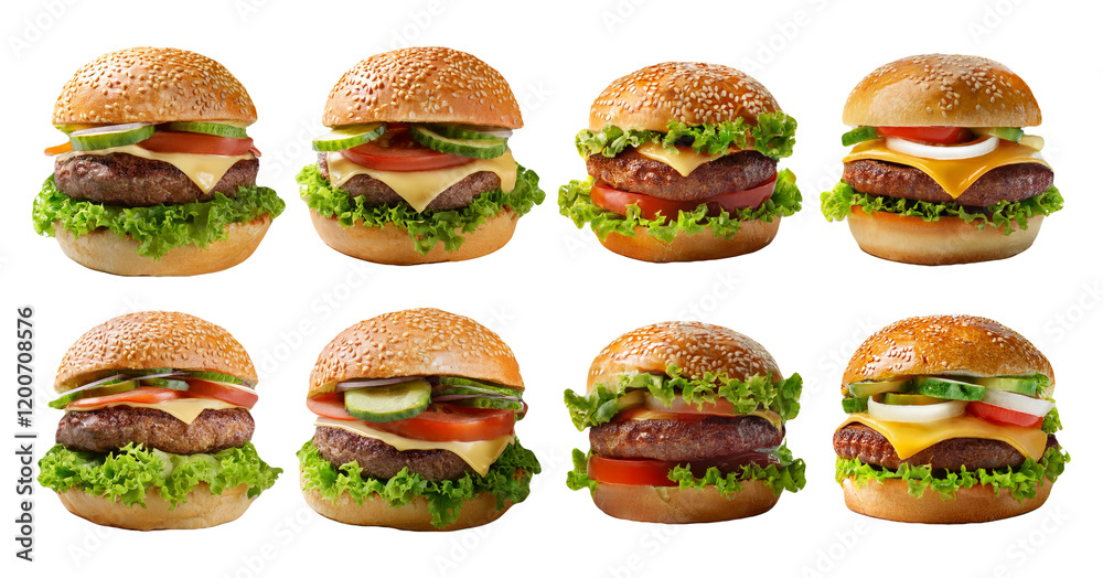 Delicious hamburger with lettuce tomato and cheese isolated on transparent background Delicious hamburger with lettuce tomato and cheese isolated on transparent background