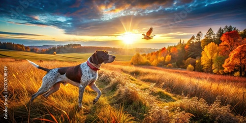 Bird dog in action! Aerial photography showcases a pointer's elegant hunt, following a quail's trail.