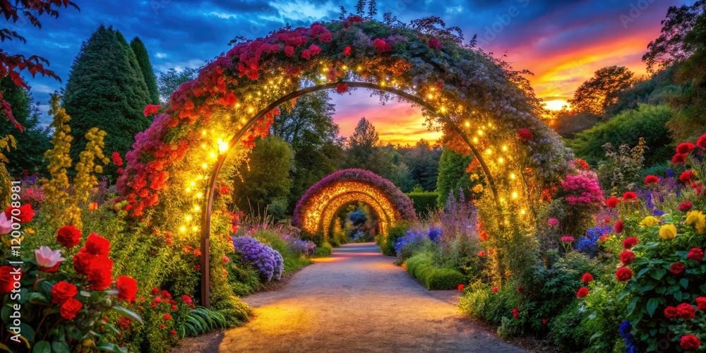 Obraz premium Vibrant Illuminated Archway Surrounded by Colorful Floral Decorations in a Lush Garden Setting