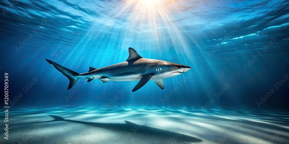 Fototapeta premium Minimalist Shark Swimming in Crystal Clear Waters, Ocean Serenity, Underwater Minimalism, Nature Photography, Marine Life, Tranquil Sea, Blue Tones