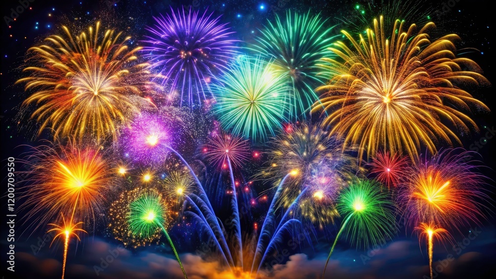 Naklejka premium Vibrant Multicolored Fireworks Display: Golden, Blue, Green, and Purple Sparks Against a Dark Night Sky for Celebrations and Festivals