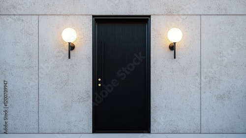 Contemporary black front door with simple design, flanked by two elegant sconces.