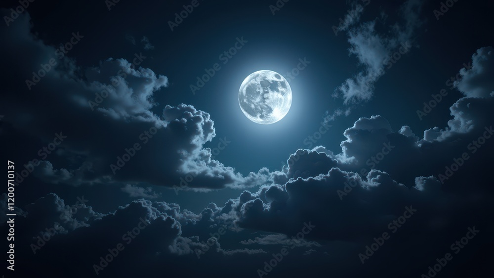 A mesmerizing close-up view of a full moon reigning over a deep blue twilight, framed by playful cumulus clouds in the night sky A mesmerizing close-up view of a full moon reigning over a deep blue twilight, framed by playful cumulus clouds in the night sky