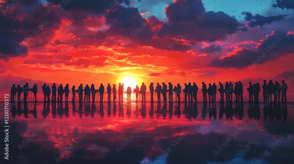 A line of people casting ballots under a vibrant sunset, symbolizing the close of an important day A line of people casting ballots under a vibrant sunset, symbolizing the close of an important day