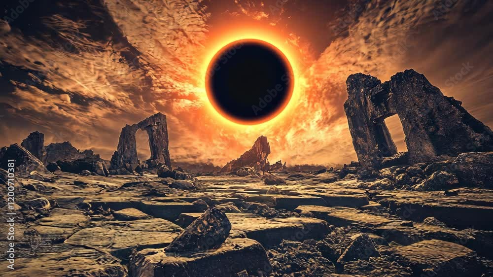 Eerie landscape under a total solar eclipse with ruined structures and a dramatic sky