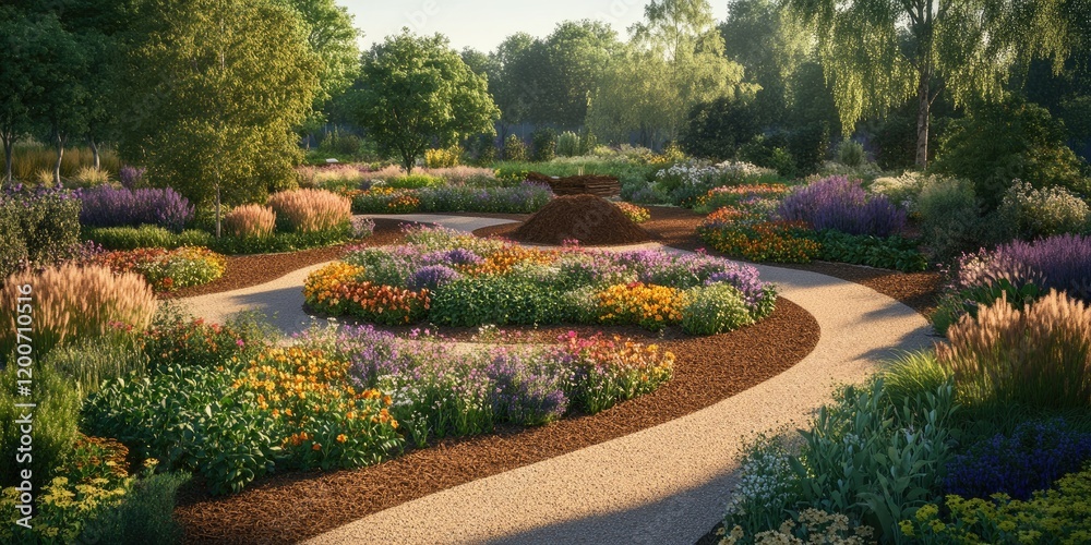 Obraz premium Vibrant Garden Pathway with Blooming Flowers in a Serene Park Setting