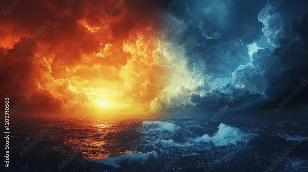 Fototapeta premium Stunning contrast of fiery sunset and cool twilight over turbulent waves