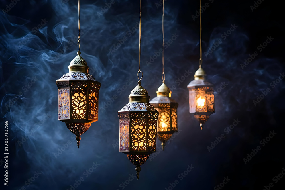 Obraz premium Ornate Lanterns Emit a Warm Glow Against a Smoky Backdrop