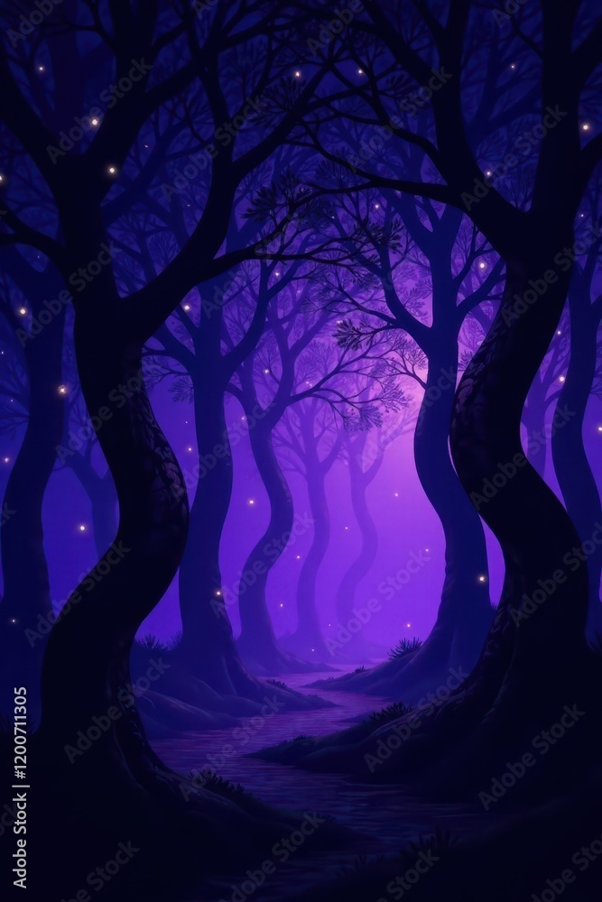 Midnight forest with twisted tree silhouettes against a dark purple background, forest, trees Midnight forest with twisted tree silhouettes against a dark purple background, forest, trees