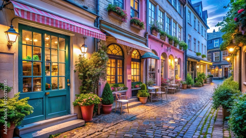 Night Photography of Pastel Pink and Blue Shops in a Charming Retail Street Scene, Ideal for Cute Lifestyle Imagery and Urban Aesthetics Night Photography of Pastel Pink and Blue Shops in a Charming Retail Street Scene, Ideal for Cute Lifestyle Imagery and Urban Aesthetics