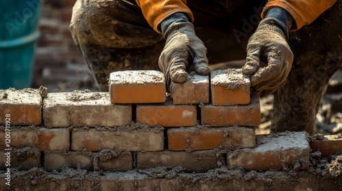 An intricate shot of a mason laying bricks for a residential home, Bricklaying scene, Masonry craftsmanship style