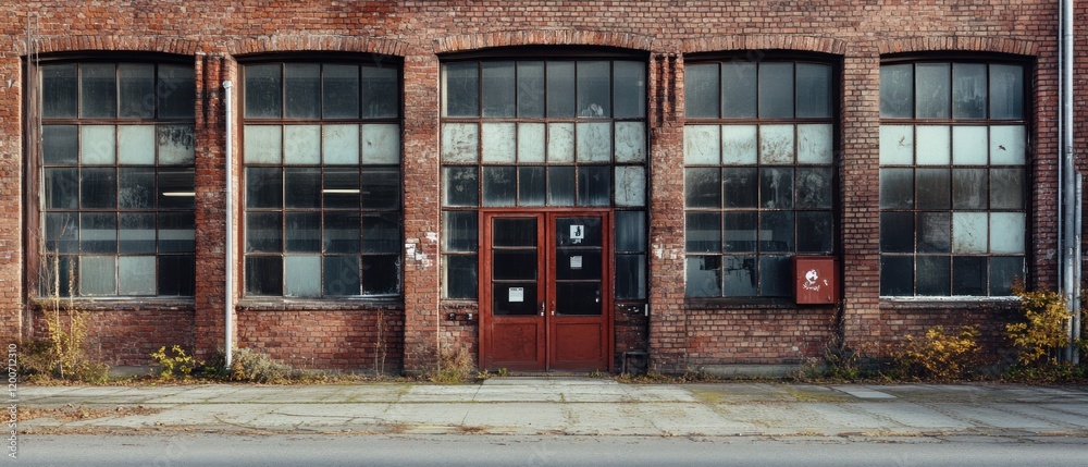 Aged Brick Building with Large Windows and a Wooden Door Aged Brick Building with Large Windows and a Wooden Door