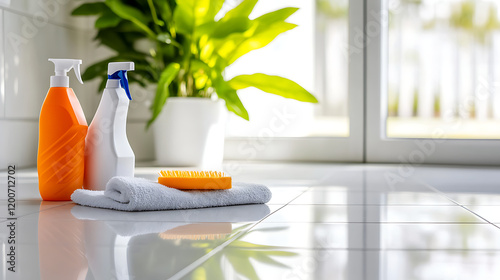 Dusting cloth on polished tile floor with cleaning supplies in bright natural light, evoking cleanliness photo