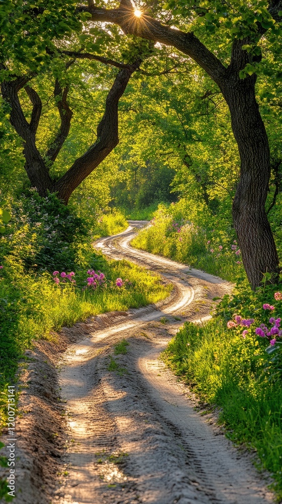 Naklejka premium Sunlit winding path through lush green forest, wildflowers blooming. Use Travel, nature posters