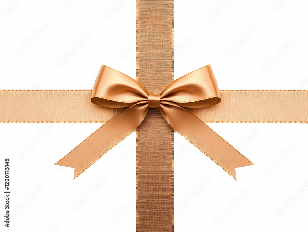 Golden Ribbon Bow Tied Decoratively on a White Background with Graceful Elegance Golden Ribbon Bow Tied Decoratively on a White Background with Graceful Elegance